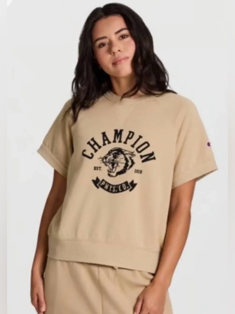 Champion Cropped Short Sleeve Fleece Graphic Top Large Beige Athleisure NWT